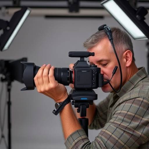 David Lee, senior photographer at Aurora Photography Studio, adjusting his camera lens.