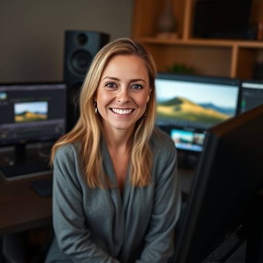 Sarah Johnson, Photo Editor at Aurora Photography Studio, working diligently on a computer, with multiple monitors displaying editing software and images.